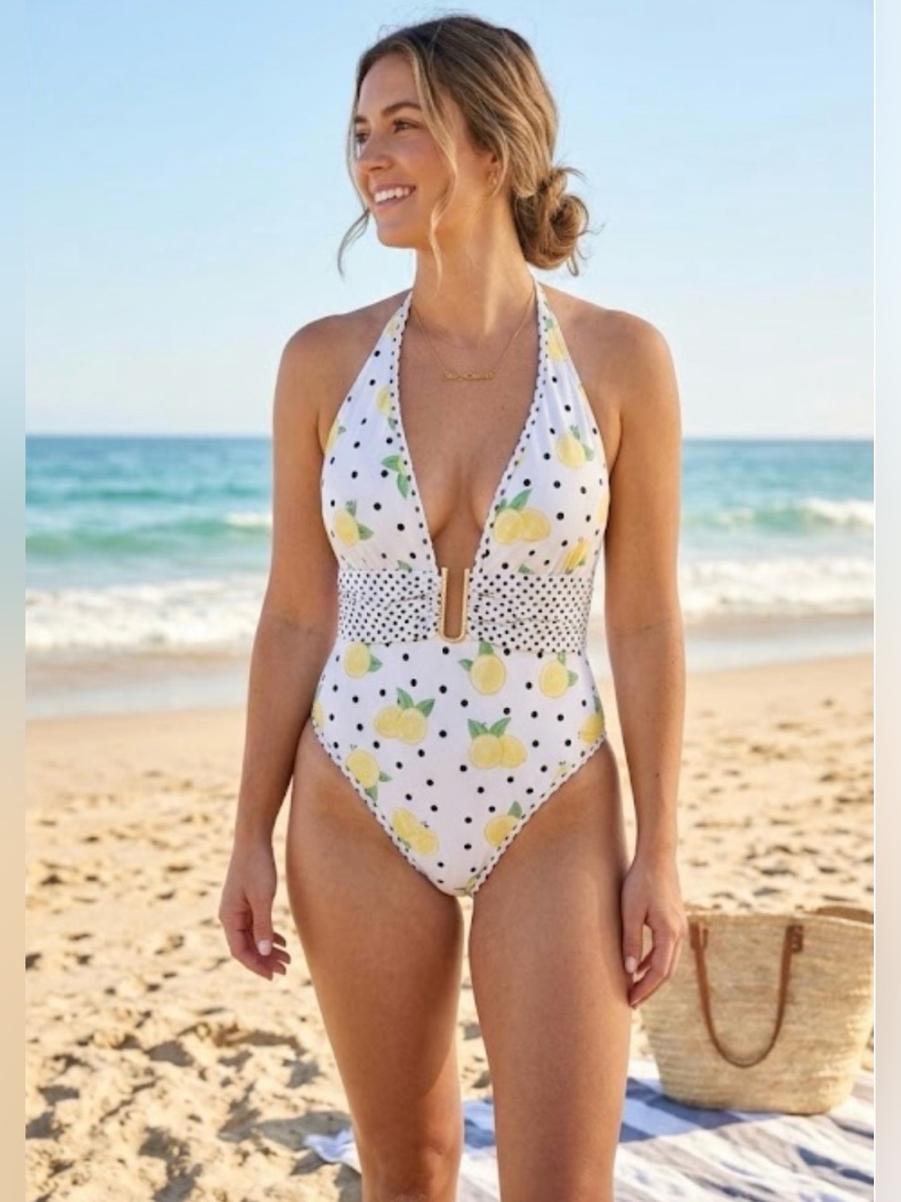 Juicy Couture size Medium one piece swimsuit lemon polka dot print plunge white